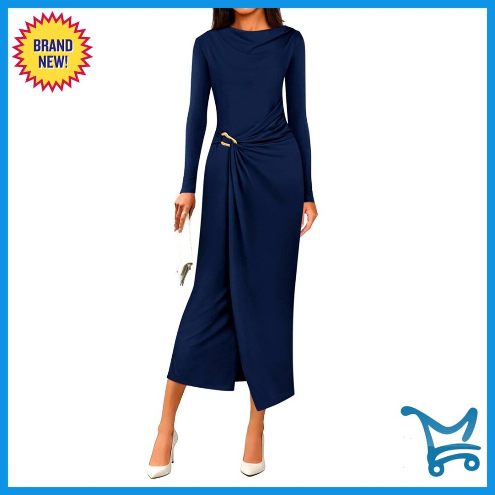 Elegant Long Sleeve Bodycon Midi Dress Ruched Waist Cowl Neck Party Wear